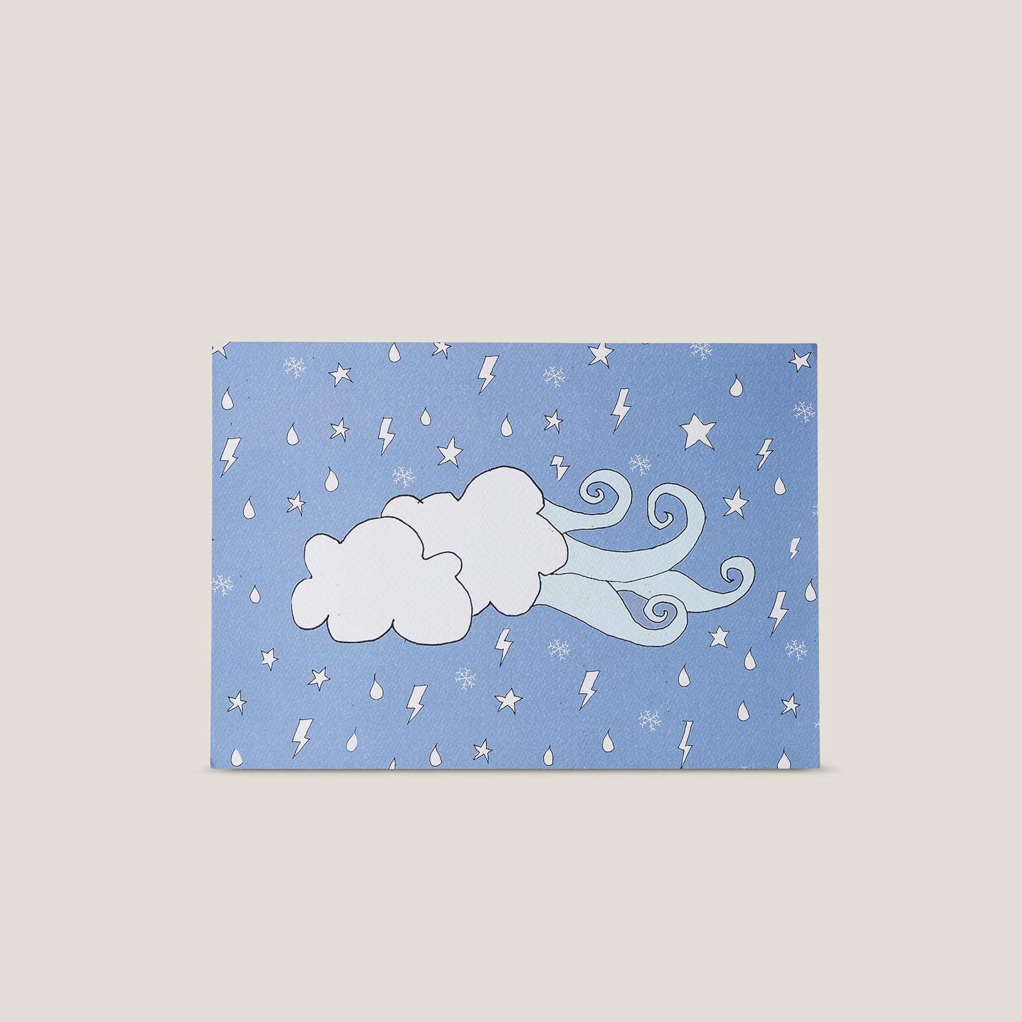 Stampa illustrata a tema elementi naturali con l'immagine di una nuvola e del vento su fondo blu.