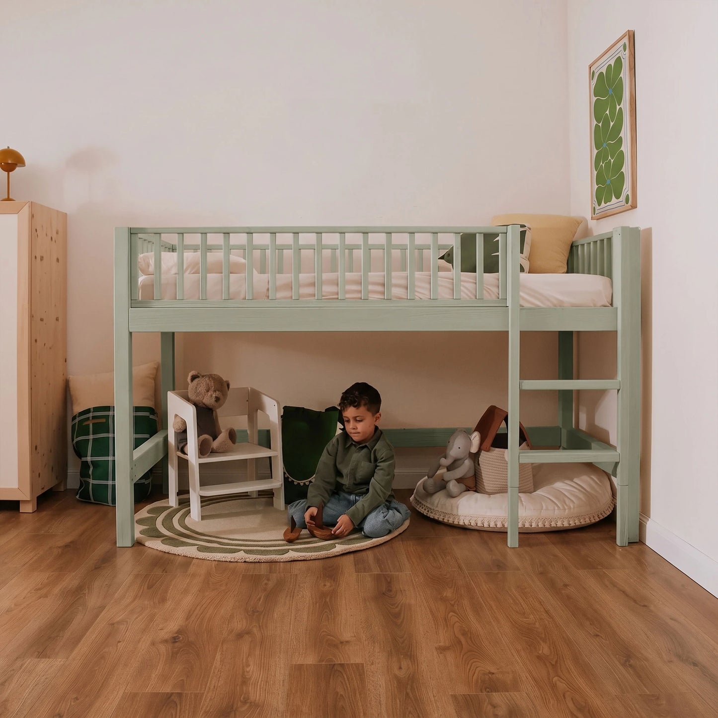 Letto a soppalco mezza altezza evolutivo zero+ Up bio paint Felce