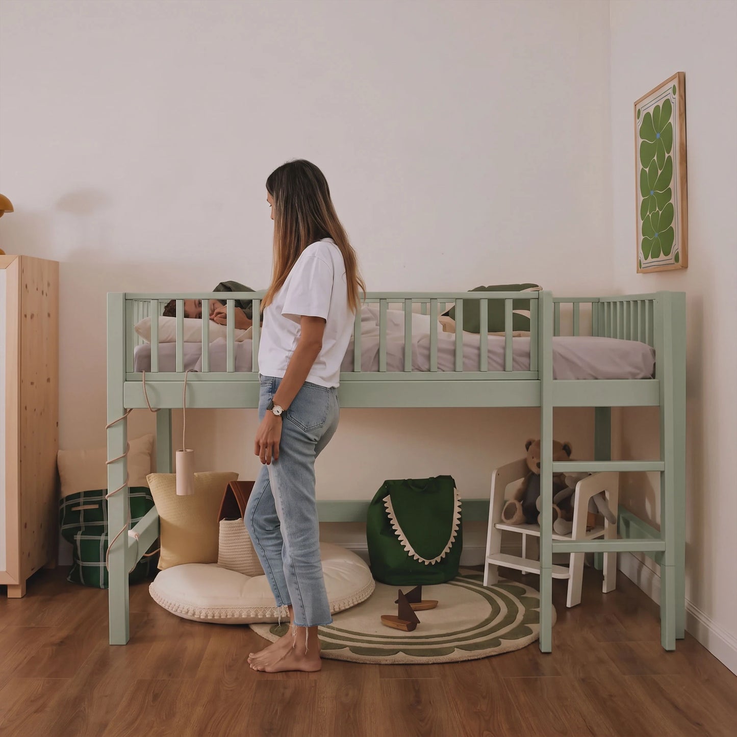 Letto a soppalco mezza altezza evolutivo zero+ Up bio paint Felce