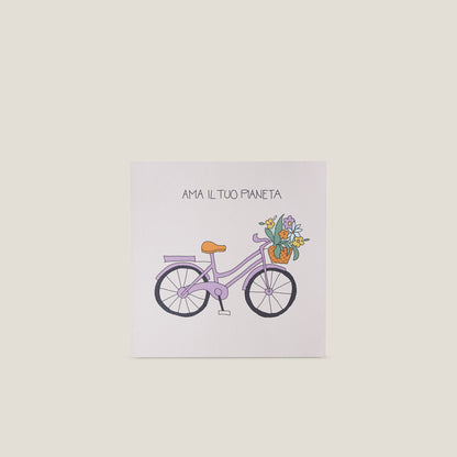 Stampa illustrata a tema natura con l'immagine di una bici rosa.